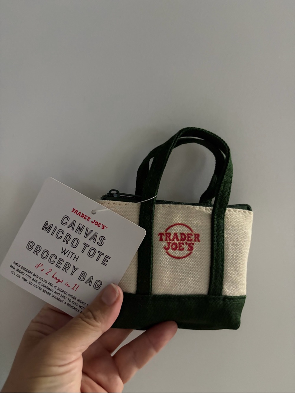 Trader Joe’s Canvas Micro Tote Bag | Green & Cream | New with Tag